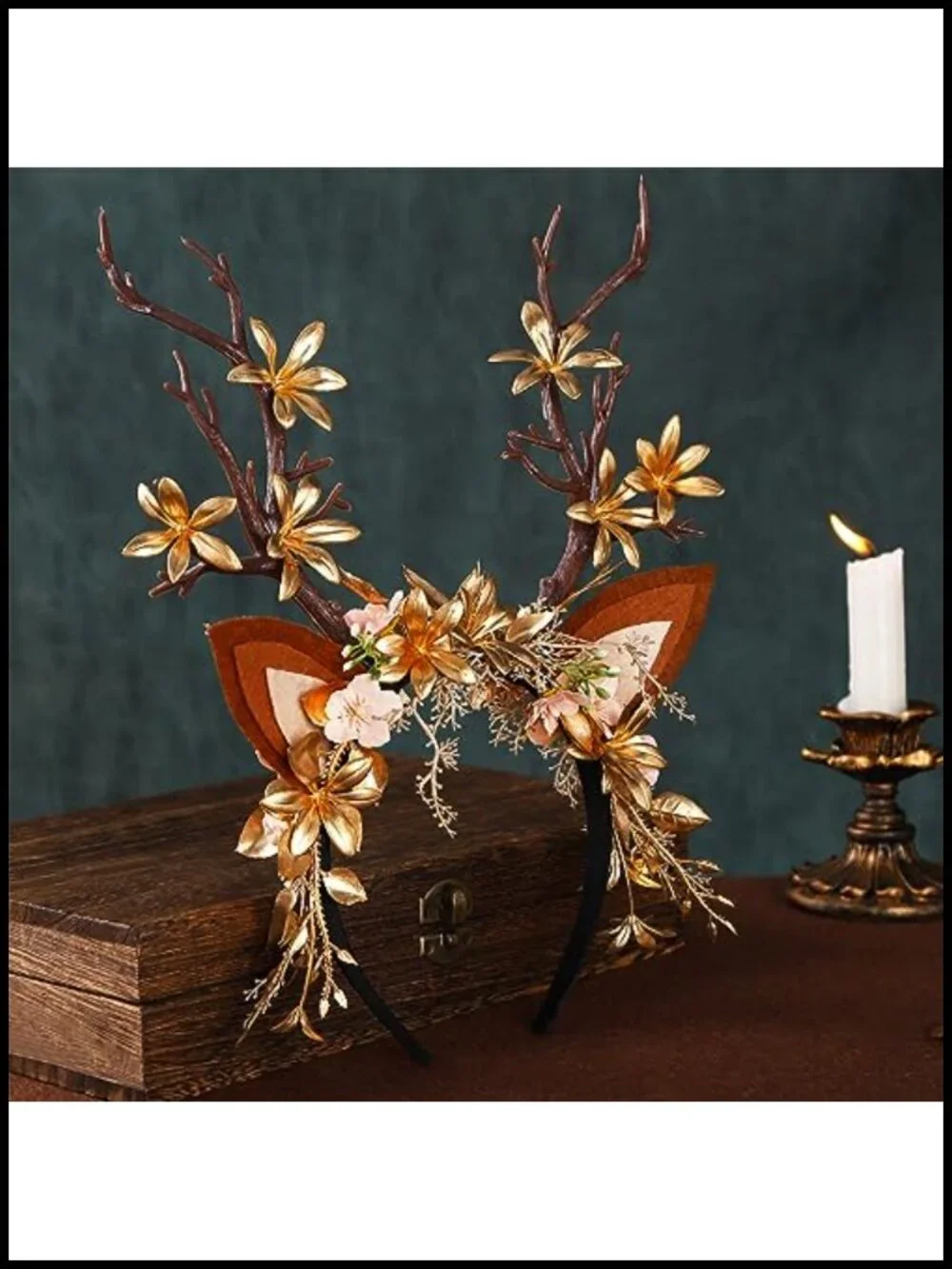Handmade Antler Branch Headband Gold Adjustable Reindeer Tree Crown Floral